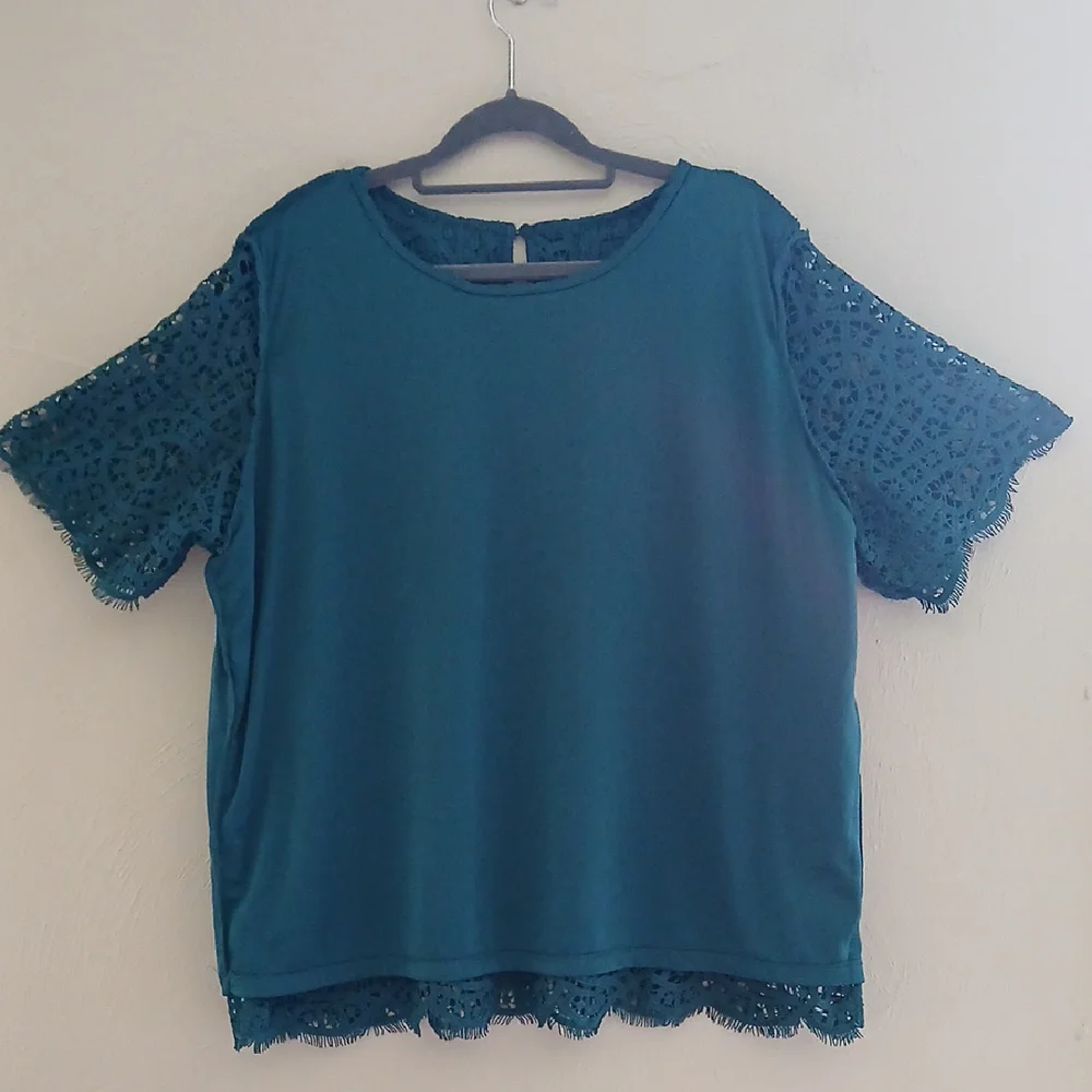 Philosophy Teal Lace Short Sleeve Blouse Sz XXL - Picture 5 of 8